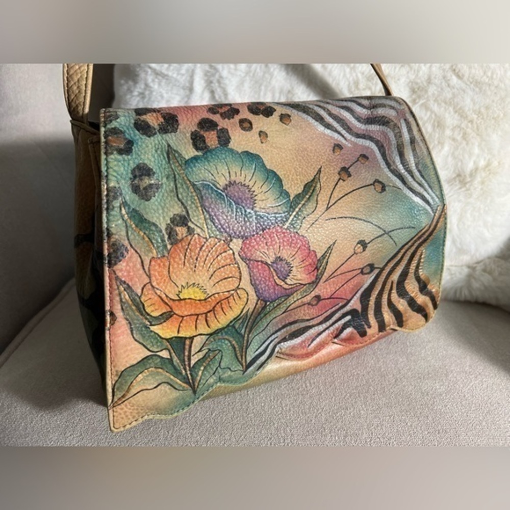 Pre-Owned Anuschka Hand Painted Leather Floral Rainbow Handbag Crossbody